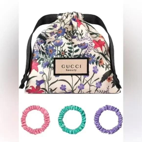 Gucci Beauty Flora Scrunchie Hair Tie Set In Drawstring Pouch Pink Aqua Purple - Picture 1 of 4